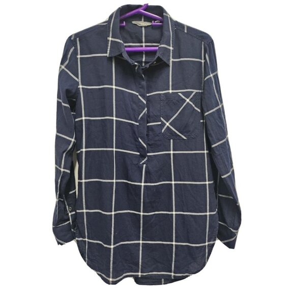 Athleta Womens Presidio Tunic Top Size Small Navy Windowpane 1/4 Button Cotton - Picture 1 of 9